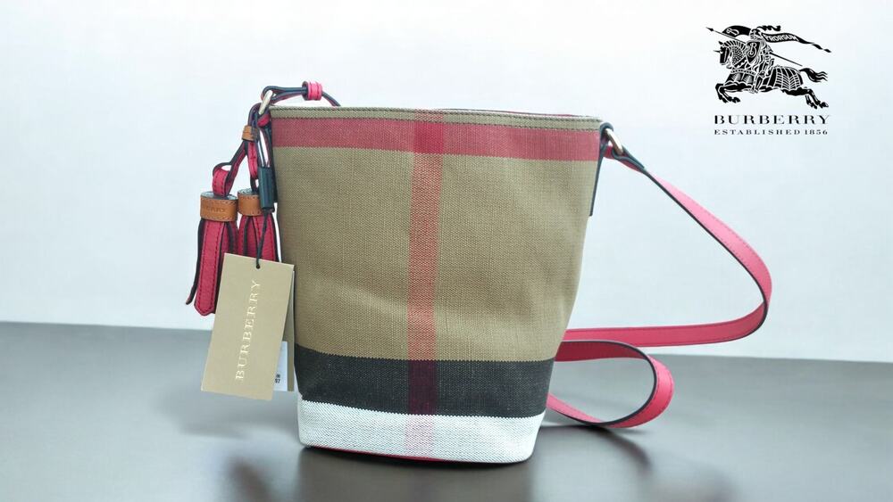 NWT Authentic Burberry Mini Ashby Crossbody Check Print Bag Red Leather Trim